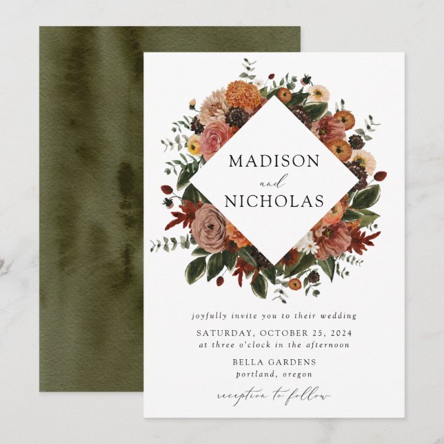 Invitation Boho Automne Floral Frame Mariage (Devant / Derrière)