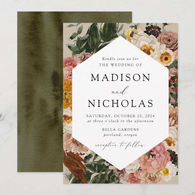Invitation Boho Automne Floral Mariage de cadre géométrique (Devant / Derrière)