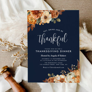 Invitation boho automne floral marine bleu grâces dîner