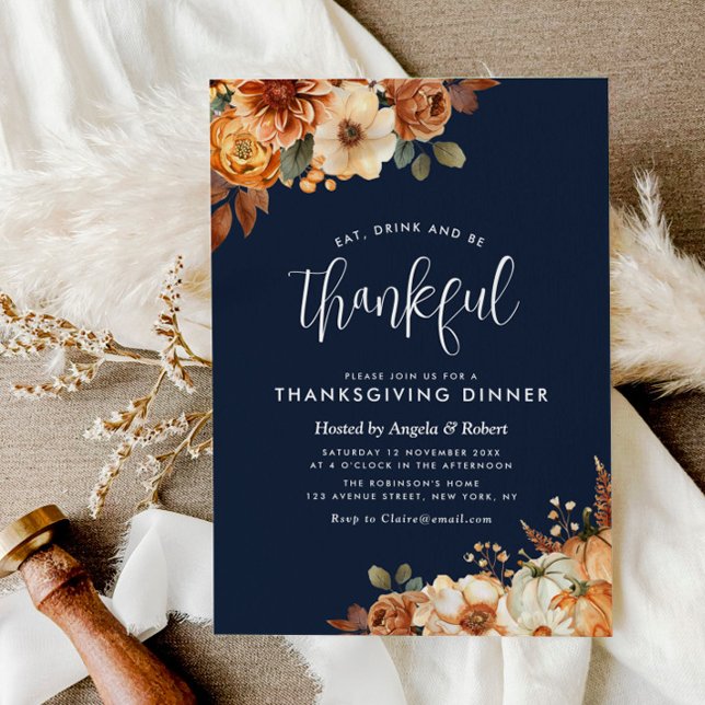 Invitation boho automne floral marine bleu grâces dîner (Créateur téléchargé)