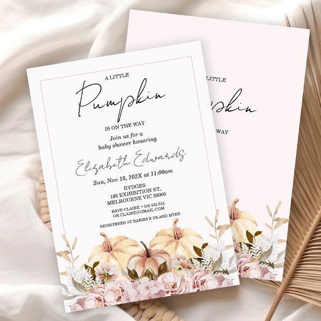 Invitation Boho Automne Floral Petit Baby shower Citrouille (Girls Little Pumpkin Baby Shower Invitation, Fall Boho Floral Pumpkin Baby Shower Invite, Autumn )