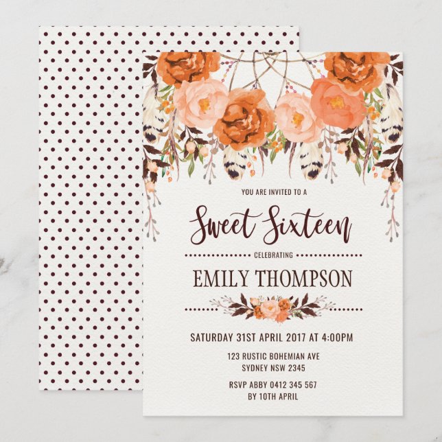 Invitation Boho Automne Floral Sweet sixteen Dreamcatcher Car (Devant / Derrière)