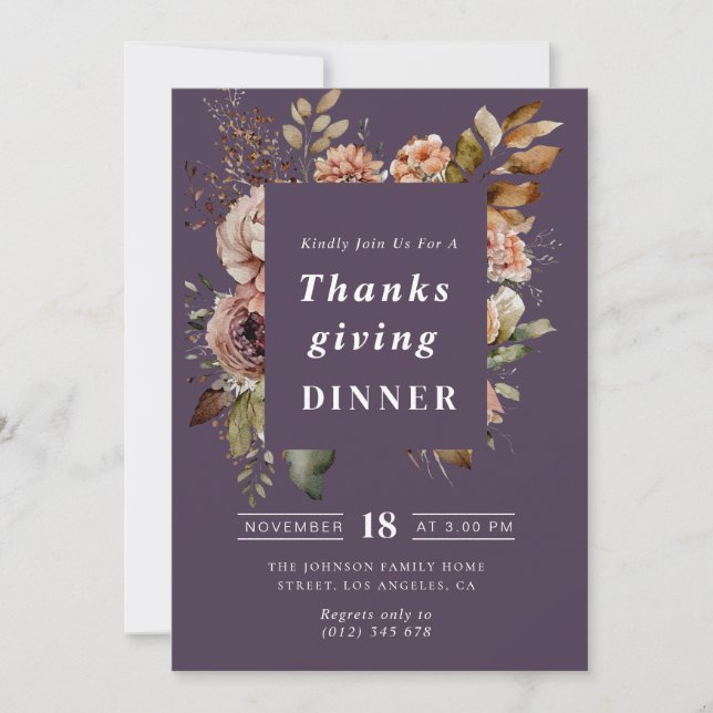 Invitation Boho automne floral violet Thanksgiving dîner (Devant)