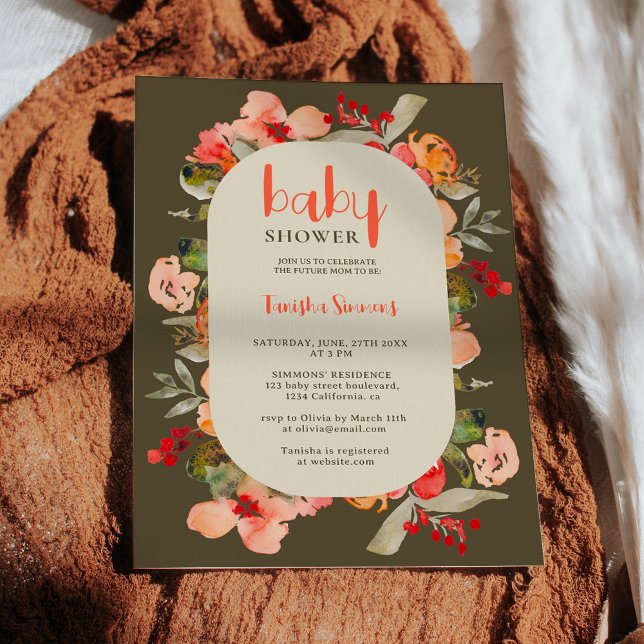 Invitation Boho automne terre cuite baby shower de script flo (Boho fall terracotta floral script baby shower invitation on green)