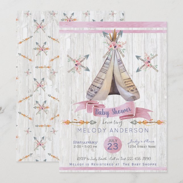 Invitation Boho Baby Baby shower fille rose (Devant / Derrière)