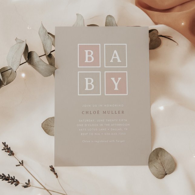 Invitation Boho Baby Blocks Dusty rose Baby shower moderne | (Créateur téléchargé)