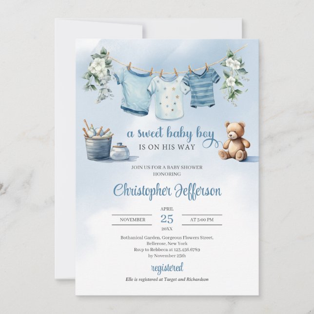 Invitation Boho Baby Boy Clothesline eucalyptus ours en peluc (Devant)