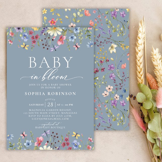 Invitation Boho Baby in Bloom Fleur sauvage Baby shower bleu (Créateur téléchargé)