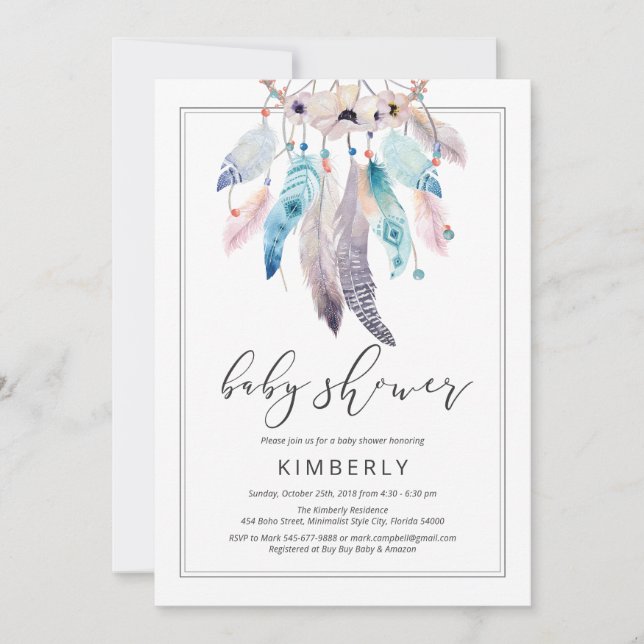 Invitation Boho Baby shower Dreamcatcher Floral Tribal (Devant)