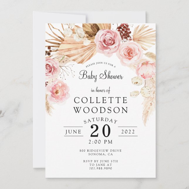Invitation Boho Baby shower Floral Blush Crème rose (Devant)