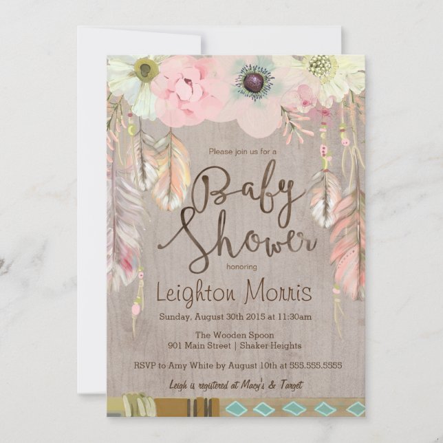 Invitation Boho Baby shower Invitation, Plumes Tribales Rusti (Devant)