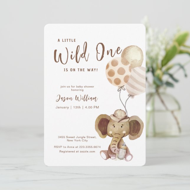 Invitation Boho Balloon Safari Elephant Boy Baby Shower  (Debout devant)