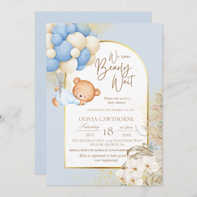Invitation Boho Bear Baby shower botanique moderne (Devant / Derrière)