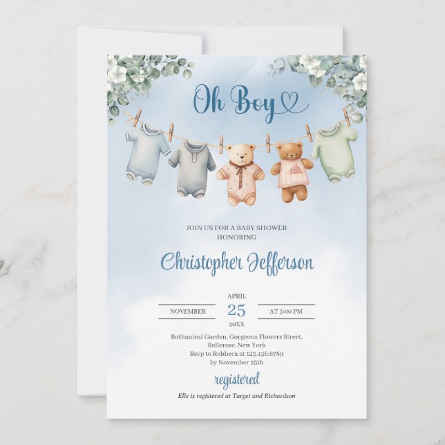 Invitation Boho Bébé Bleu vêtements Eucalyptus Baby shower Ga (Devant)