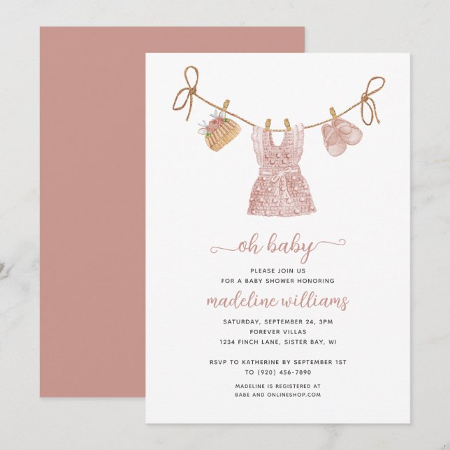 Invitation BOHO Bébé Vêtements Fille Oh Baby shower (Devant / Derrière)