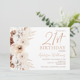 Invitation Boho Beige Brown Floral 21ème anniversaire Invitat