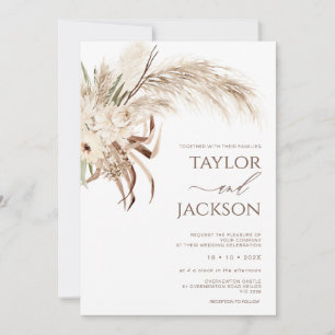 Invitation Boho Beige Brown Floral Pampas Mariage en herbe