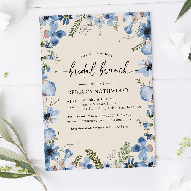 Invitation Boho Beige Dusty Blue Floral Bridal Brunch Douche (Créateur téléchargé)