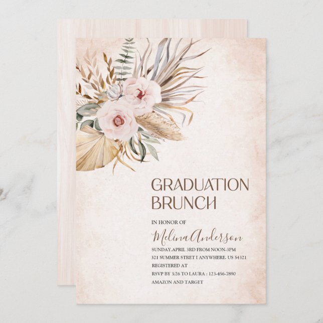 Invitation Boho Beige Fleurs d'aquarelle brunch de graduation (Devant / Derrière)