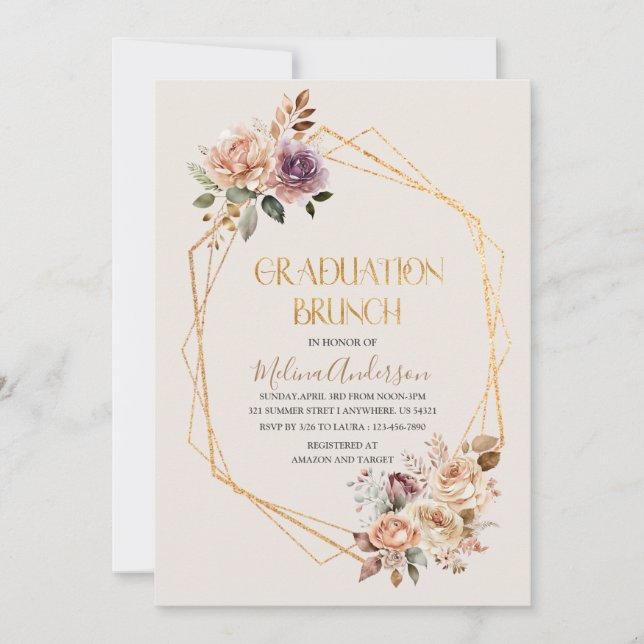 Invitation Boho Beige Fleurs or aquarelle or graduation br (Devant)