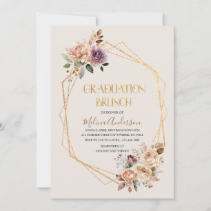 Invitation Boho Beige Fleurs or aquarelle or graduation br