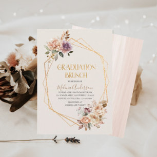 Invitation Boho Beige Fleurs or aquarelle or graduation br