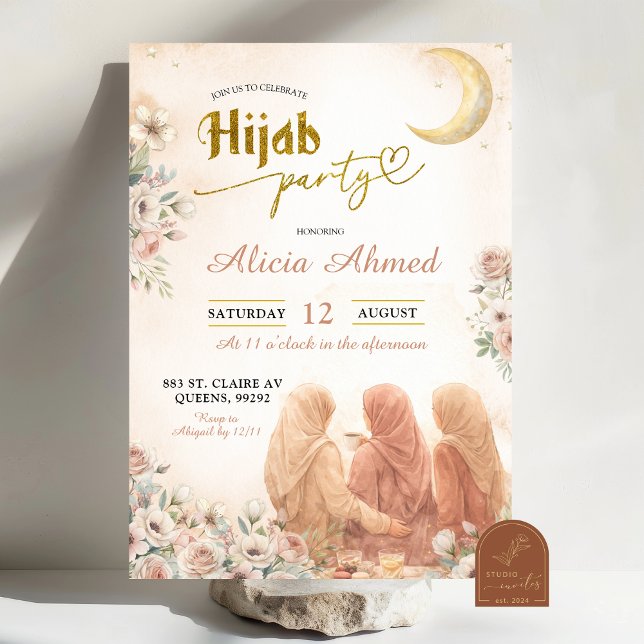 Invitation Boho Beige Floral Hijab Fête (Créateur téléchargé)