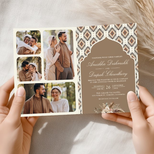 Invitation Boho Beige Ivory Ikat Photo Collage Mariage indien (Créateur téléchargé)