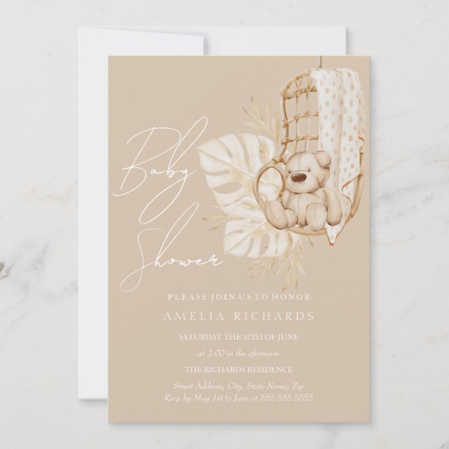Invitation Boho Beige Teddy Bear Baby shower neutre (Devant)