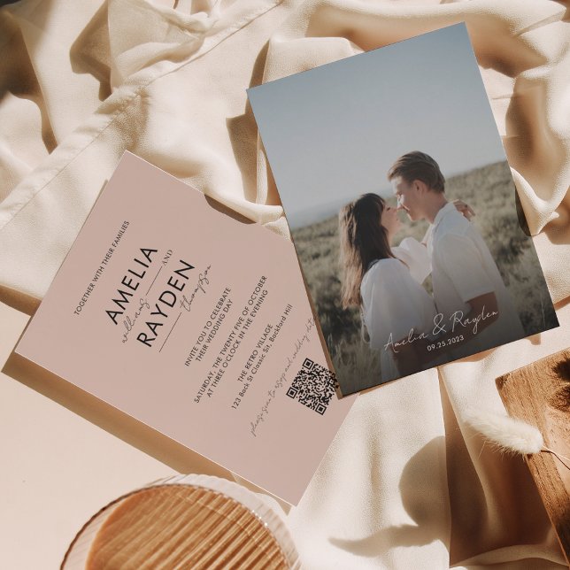 Invitation Boho Beige Typographie Script Photo QR Code Mariag (Créateur téléchargé)