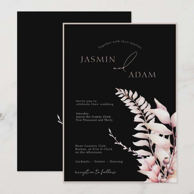 Invitation Boho Black Soft Pink Simple Mariage (Devant / Derrière)