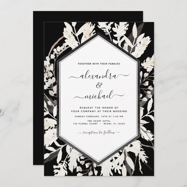 Invitation Boho Black White Beige Botanique Mariage (Devant / Derrière)