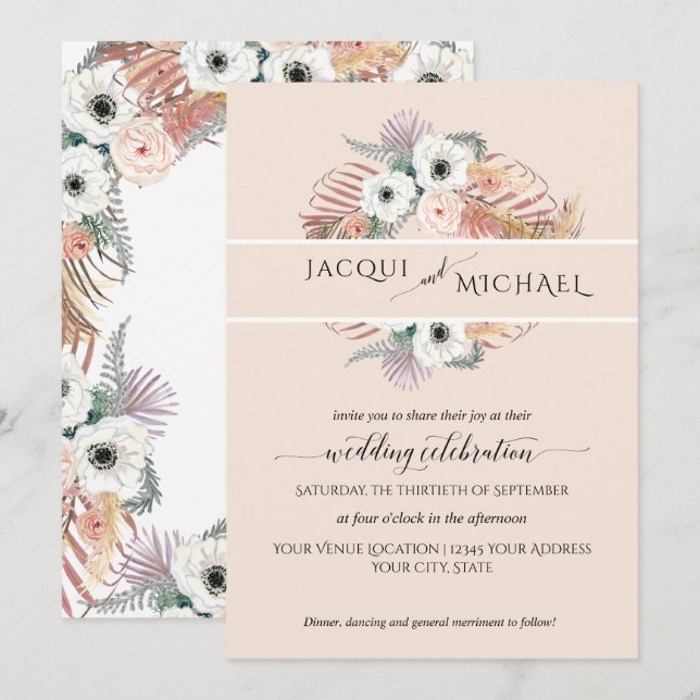 Invitation Boho Blanc Blush Floral Palm Folio Pampas Grass (Devant / Derrière)