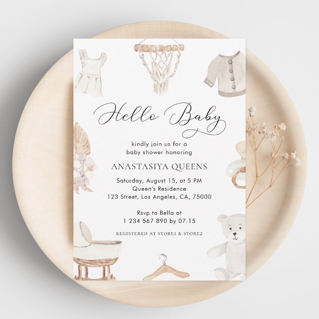 Invitation Boho Blanc Bonjour Bébé Vêtements de pépinière Bab (Créateur téléchargé)