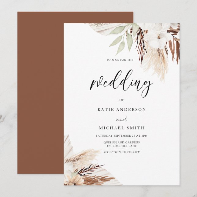 Invitation Boho Blanc Floral Élégant Mariage (Devant / Derrière)