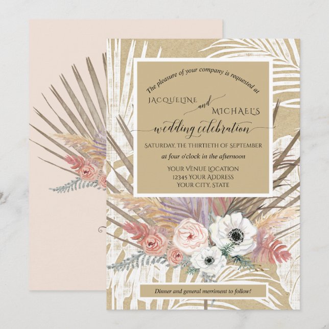 Invitation BOHO Blanc Floral Rustique Pampas Grass Tropical (Devant / Derrière)