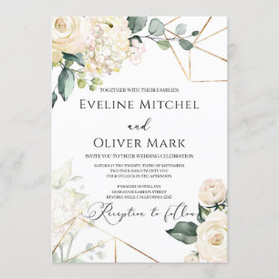Invitation Boho blanc roses verdure eucalyptus or mariage