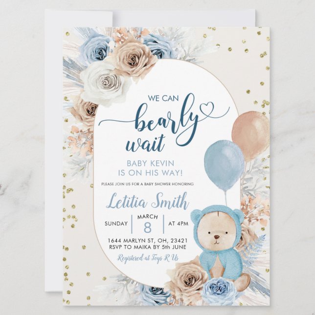 Invitation Boho bleu bearly garçon d'attente baby shower invi (Devant)
