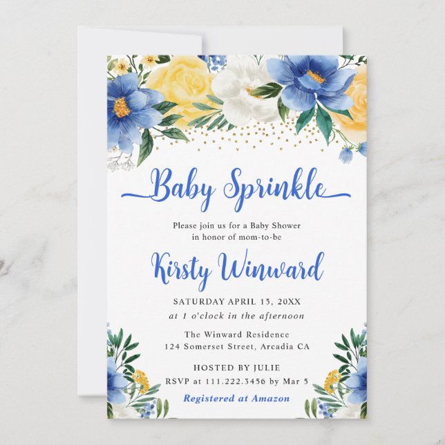 Invitation Boho Bleu et Jaune Fleurs d'Été Baby Sprinkle (Devant)