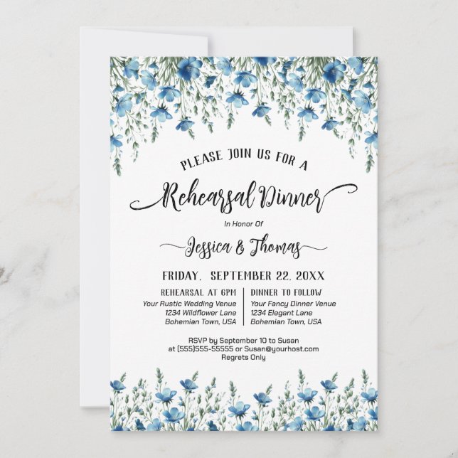 Invitation Boho bleu Fleur sauvage répétition et dîner Mariag (Devant)