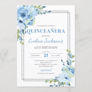 Invitation Boho bleu floral argenté cadre rustique quinceaner
