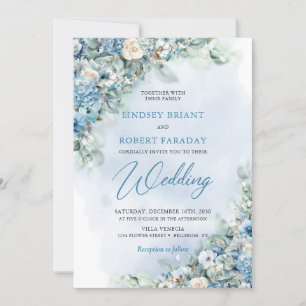 Invitation Boho bleu hydrangea et crème roses eucalyptus