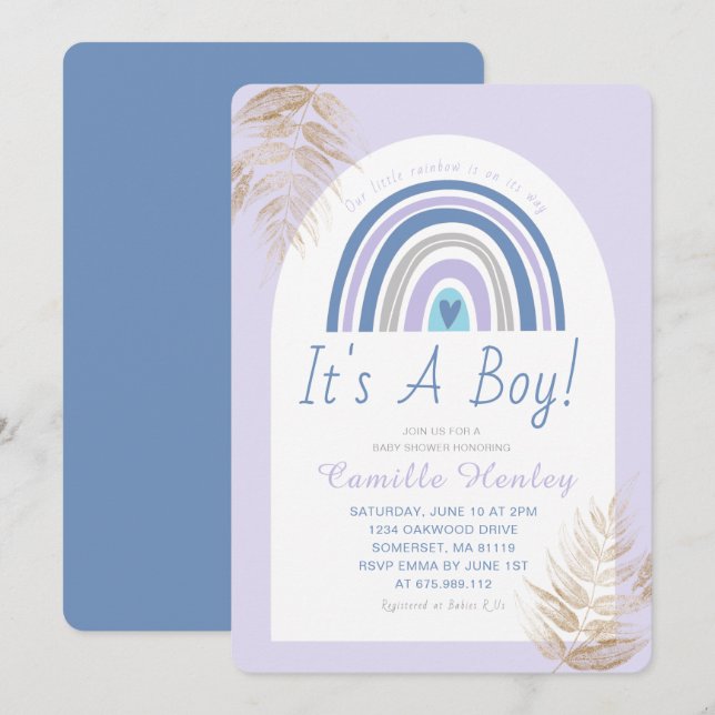 Invitation Boho bleu moderne arc-en-ciel C'est un Baby shower (Devant / Derrière)