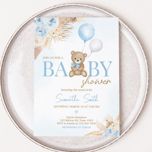 Invitation Boho bleu, on peut attendre Baby shower