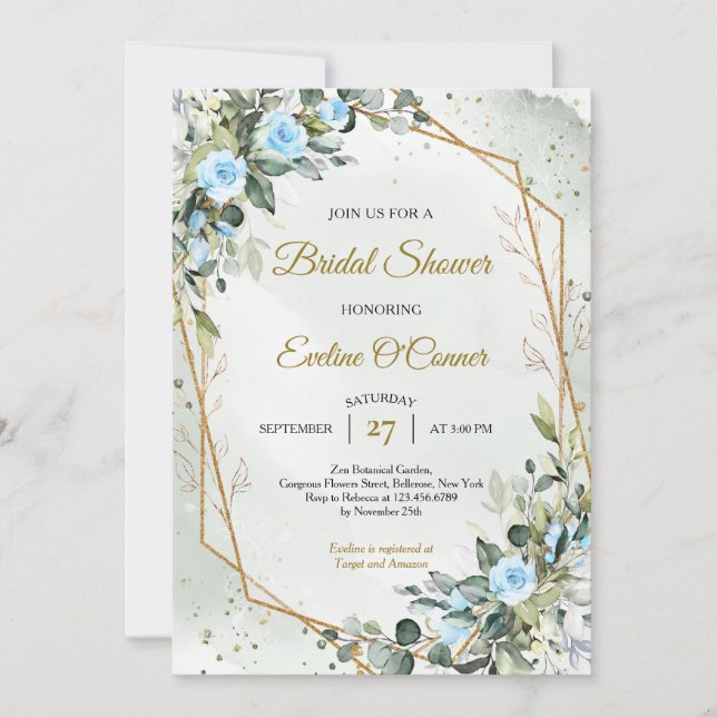 Invitation Boho bleu poussiéreux et eucalyptus et cadre or (Devant)
