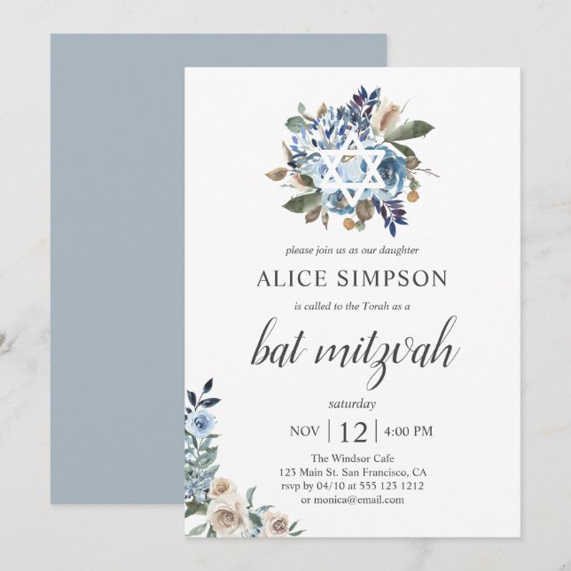 Invitation Boho Bleu Poussiéreux Fleurs Beige Bat Mitzvah (Devant / Derrière)