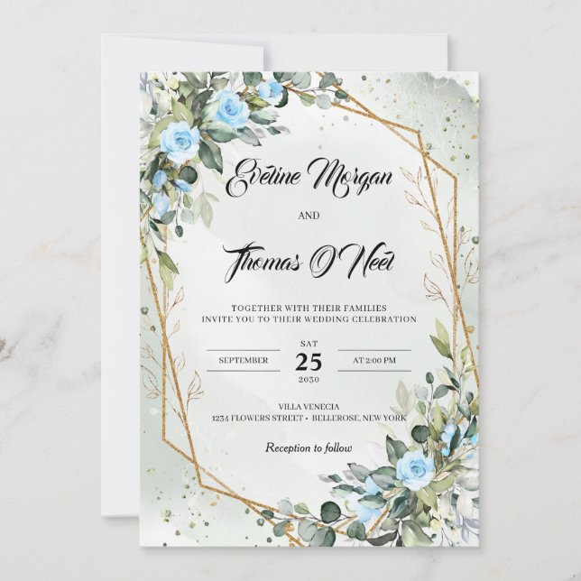Invitation Boho bleu poussiéreux verdure et cadre doré (Devant)