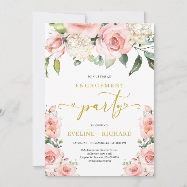 Invitation Boho bleu rose floral or lettrage fiançailles (Devant)
