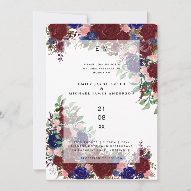 Invitation Boho bleu rose rose Mariage en fleurs de Bourgogne (Devant)