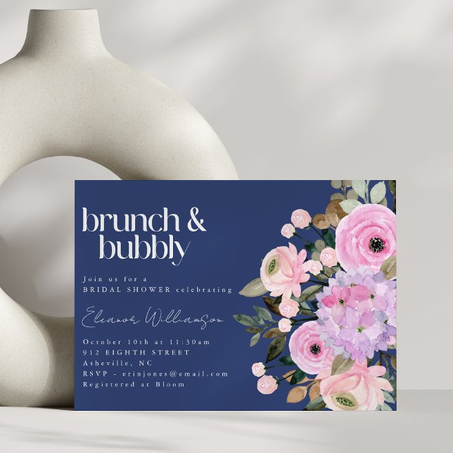 Invitation Boho bleu rose violet Brunch Floral Bubbly Douche (Créateur téléchargé)